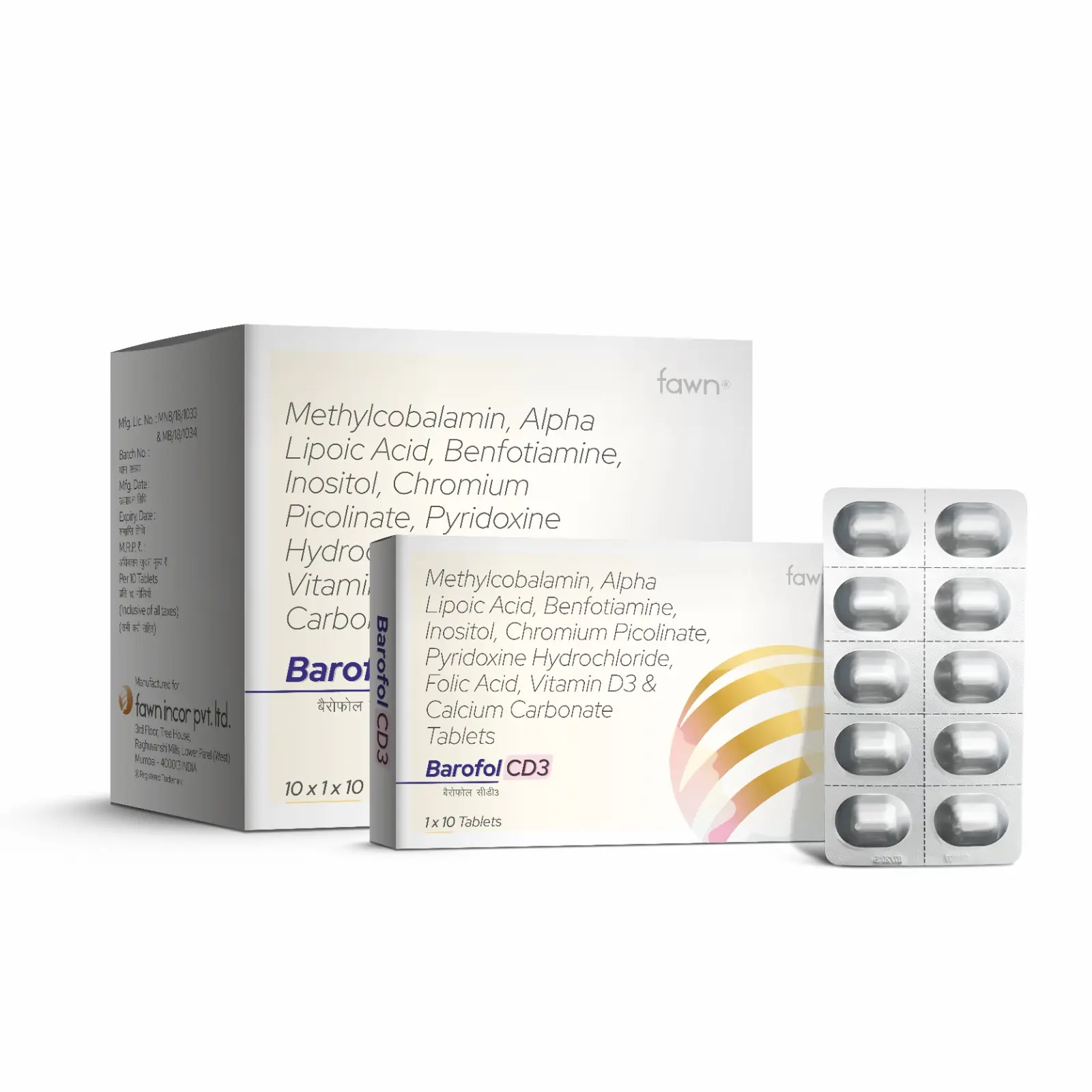 Methylcobalamin, alpha lipoic acid, benfotiamine, inositol, chromium picolinate, pyridoxine hydrochloride, folic acid, vitamins D3 & calcium carbonate Tablets - BAROFOL CD 3 Tablets