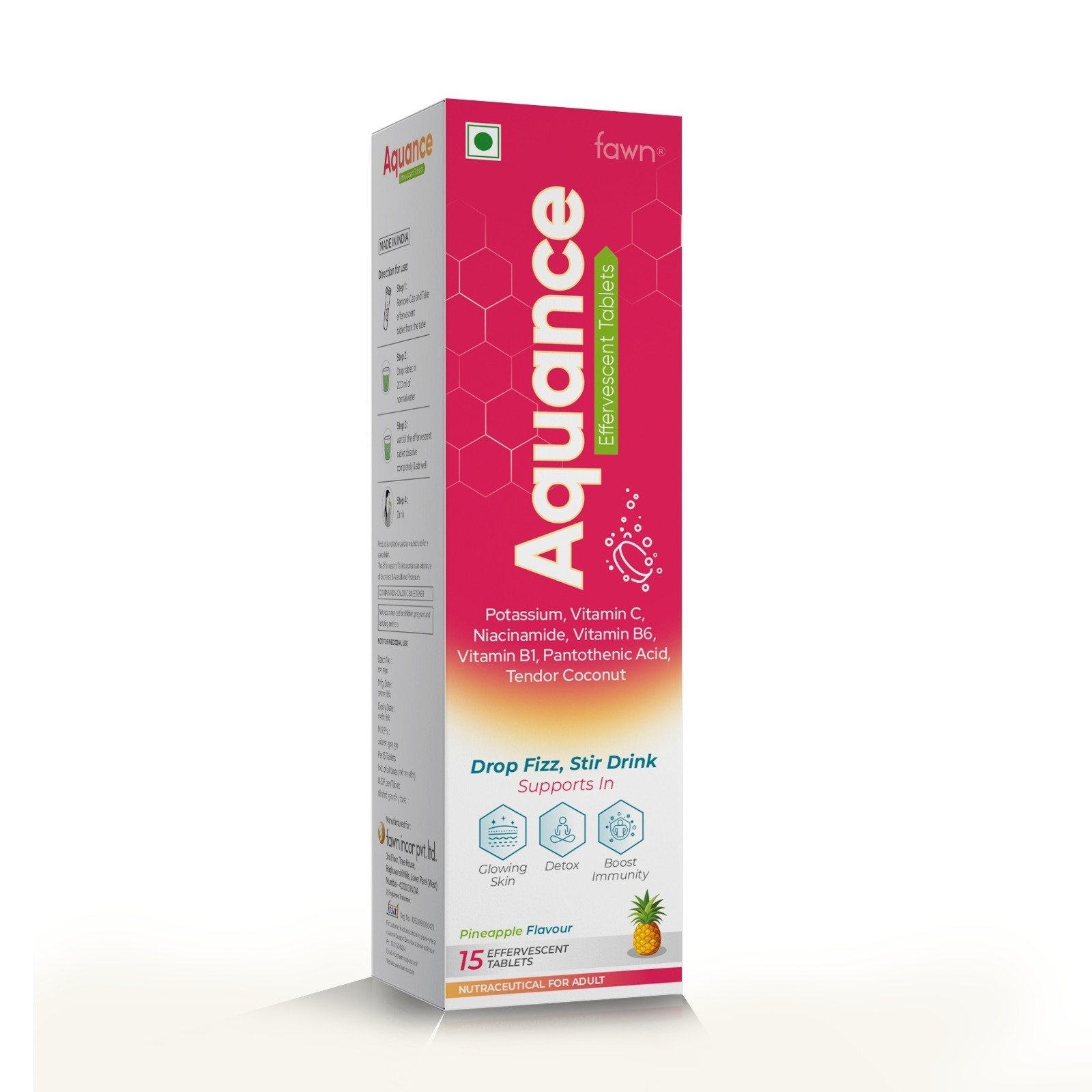 Potassium, Vitamin C, Nicotinamide, Vitamin B6, Vitamin B1, Pantothenic Acid , Tendor Coconut Effervescent Tablets - AQUANCE Effervescent Tablets - Fawn Incor