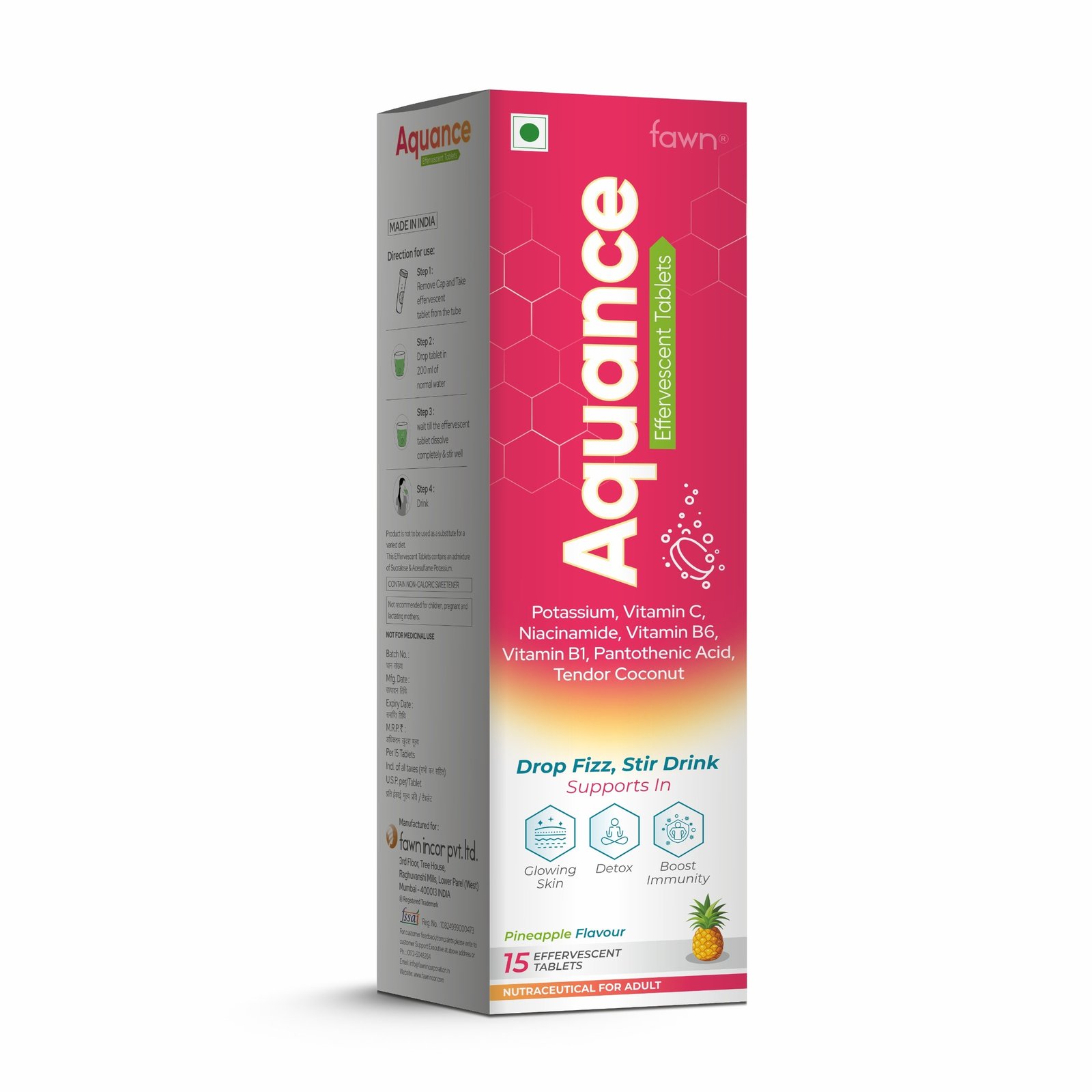 Potassium, Vitamin C, Nicotinamide, Vitamin B6, Vitamin B1, Pantothenic Acid , Tendor Coconut Effervescent Tablets – AQUANCE Effervescent Tablets - Fawn Incor