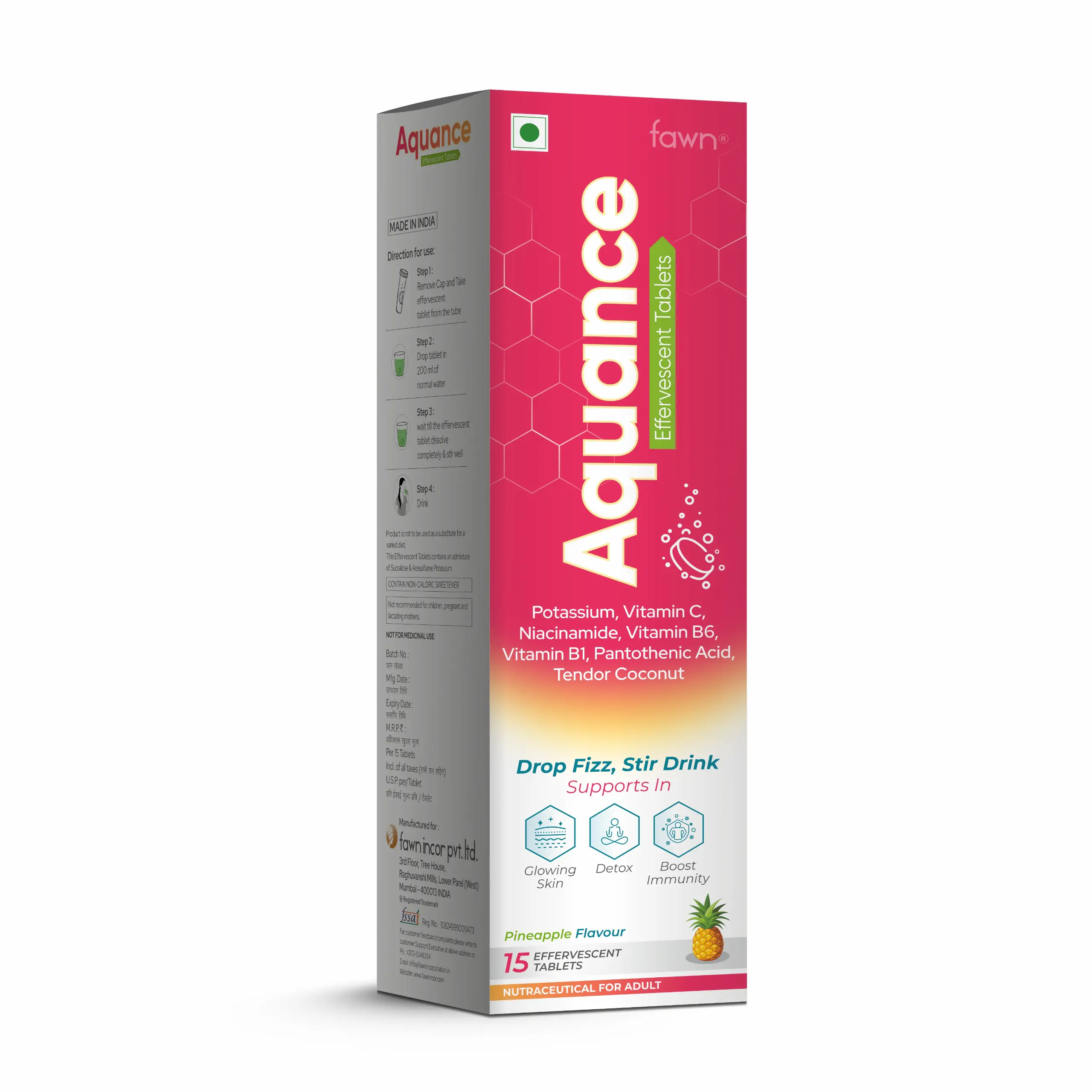 Potassium, Vitamin C, Nicotinamide, Vitamin B6, Vitamin B1, Pantothenic Acid , Tendor Coconut Effervescent Tablets – AQUANCE Effervescent Tablets - Fawn Incor