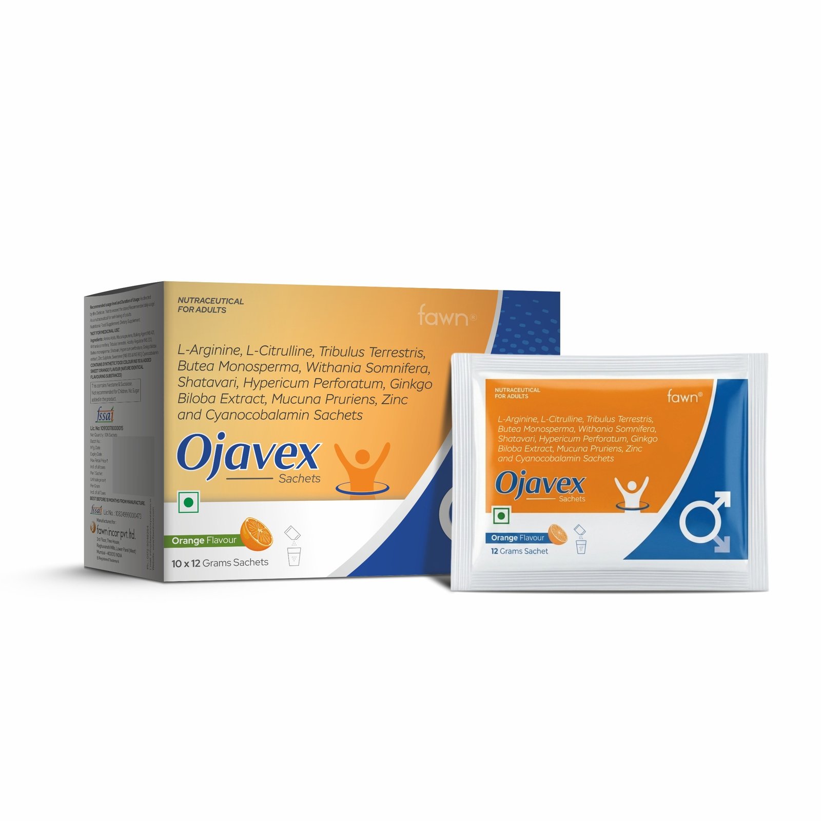 L-Arginine, L-Citrulline, Tribulus Terrestris Extract, Butea Monosperma, Withania Somnifera, Shatavari, Hypericum Perforatum Extract, Ginkgo Biloba, Mucuna Pruriens Extract, Zinc & Cyanocobalamin Sachet - OJAVEX Sachets