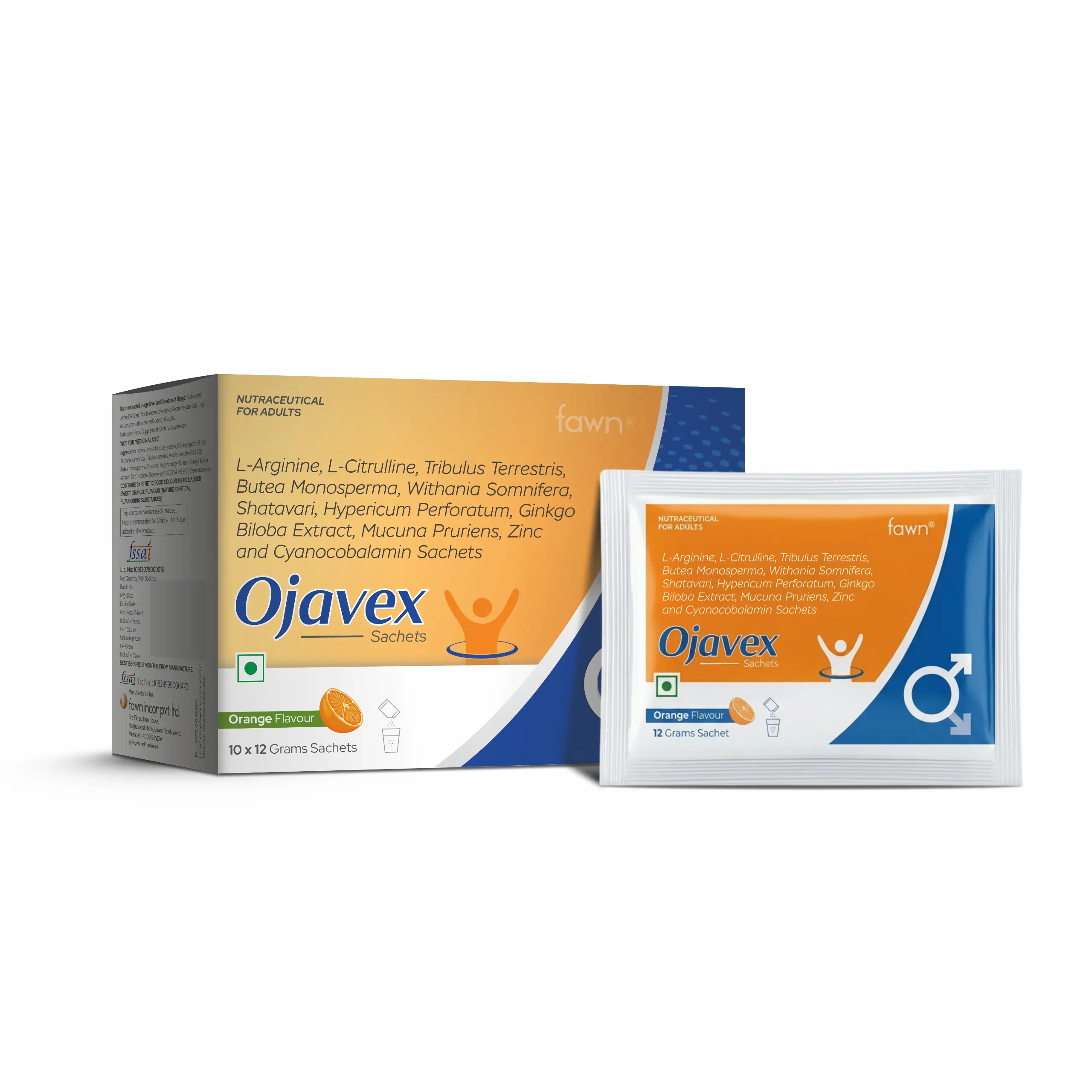 L-Arginine, L-Citrulline, Tribulus Terrestris Extract, Butea Monosperma, Withania Somnifera, Shatavari, Hypericum Perforatum Extract, Ginkgo Biloba, Mucuna Pruriens Extract, Zinc & Cyanocobalamin Sachet - OJAVEX Sachets